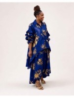 Royal & Gold Two-Piece Palazzo Pant Set with Button-Down Shirt and Asymmetric Hem