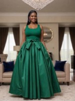 Emerald Green 8 Panel Maxi Dress with Sleeveless Scoop Neckline and Elegant Statement Bow Waist