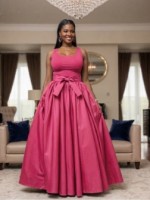 Pink 8 Panel Maxi Dress with Sleeveless Scoop Neckline and Elegant Statement Bow Waist