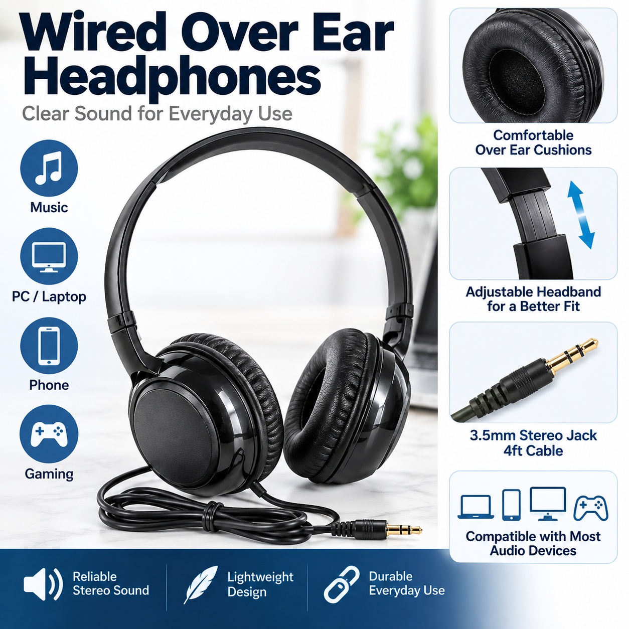 Wired Over Ear Basic Headphones 3.5mm Stereo Audio Jack 4ft Cable for PC Phone thumbnail