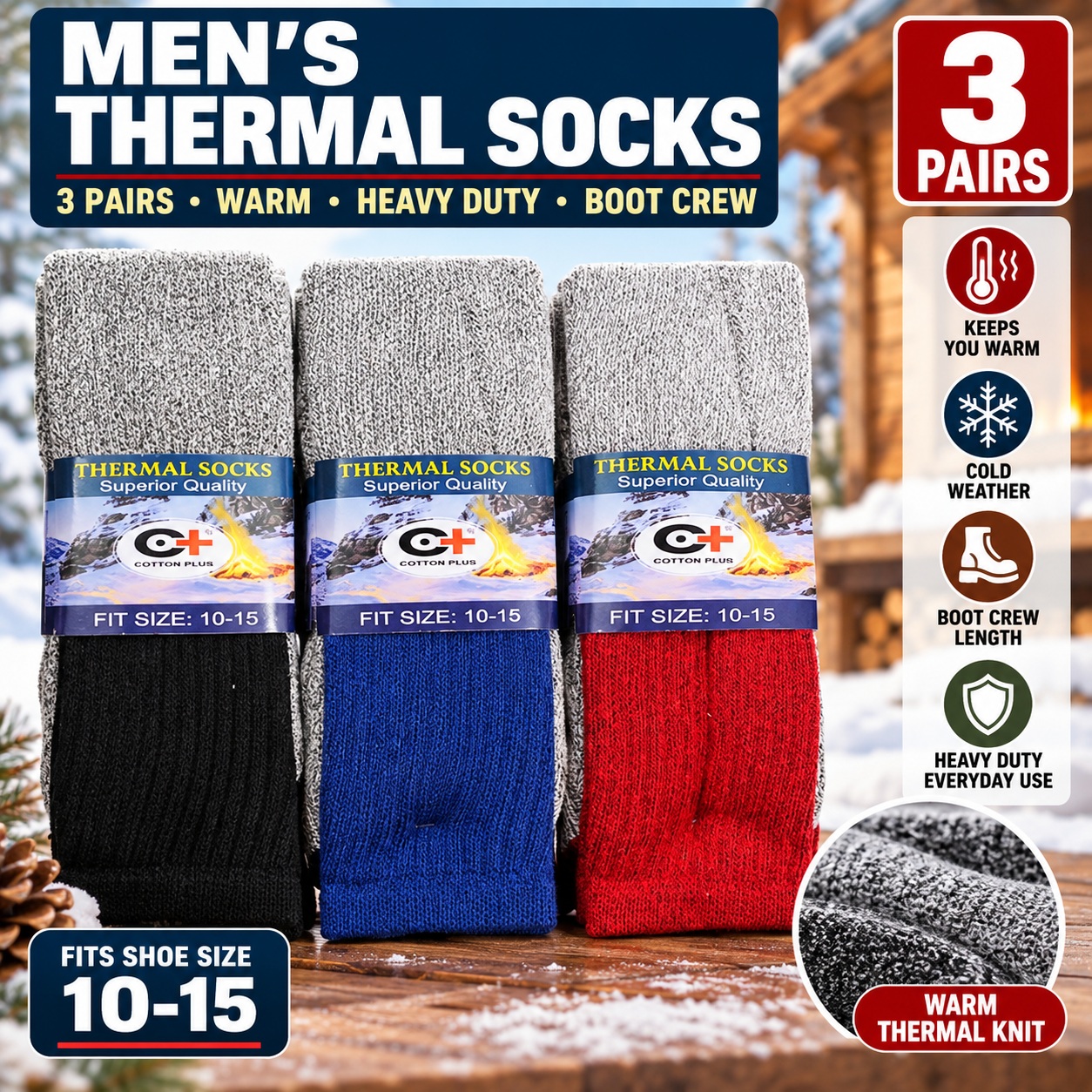 Winter Boot Socks 3 Pairs Thick Thermal Cushioned Mens Heavy Duty Warm Crew Socks thumbnail