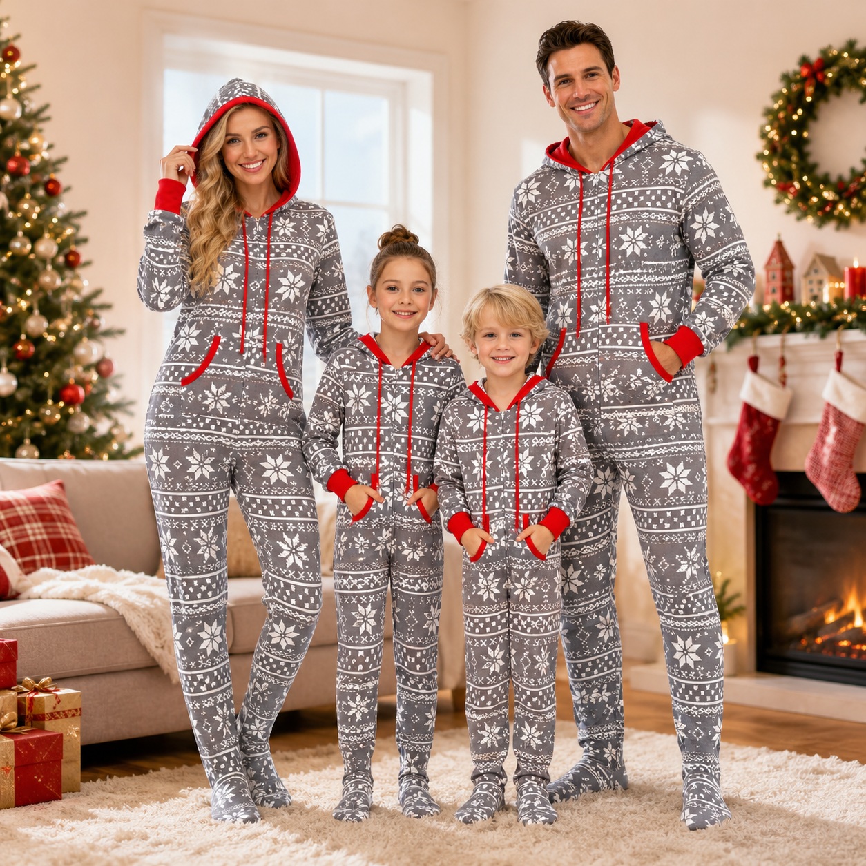 Matching Christmas Outfits Family Pajamas Hooded One Piece Adult Kids Holiday thumbnail