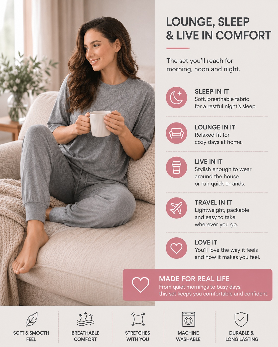 Womens Pajama Set 2 Piece Lounge Set Jogger Pants Pockets Soft Sleepwear Gray thumbnail