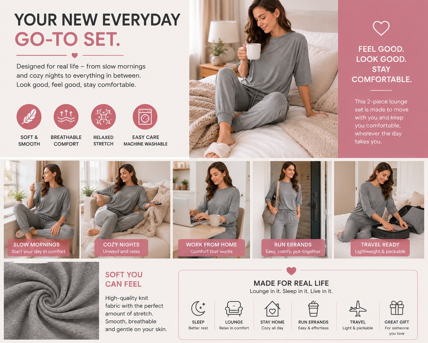 Womens Pajama Set 2 Piece Lounge Set Jogger Pants Pockets Soft Sleepwear Gray thumbnail
