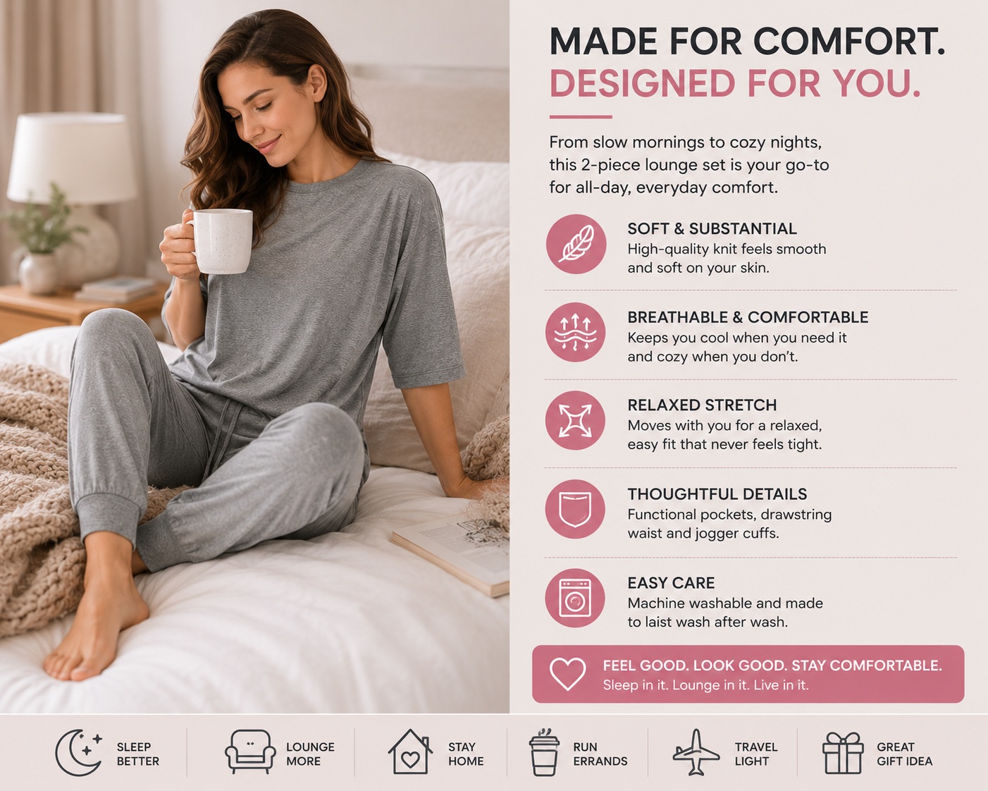 Womens Pajama Set 2 Piece Lounge Set Jogger Pants Pockets Soft Sleepwear Gray thumbnail