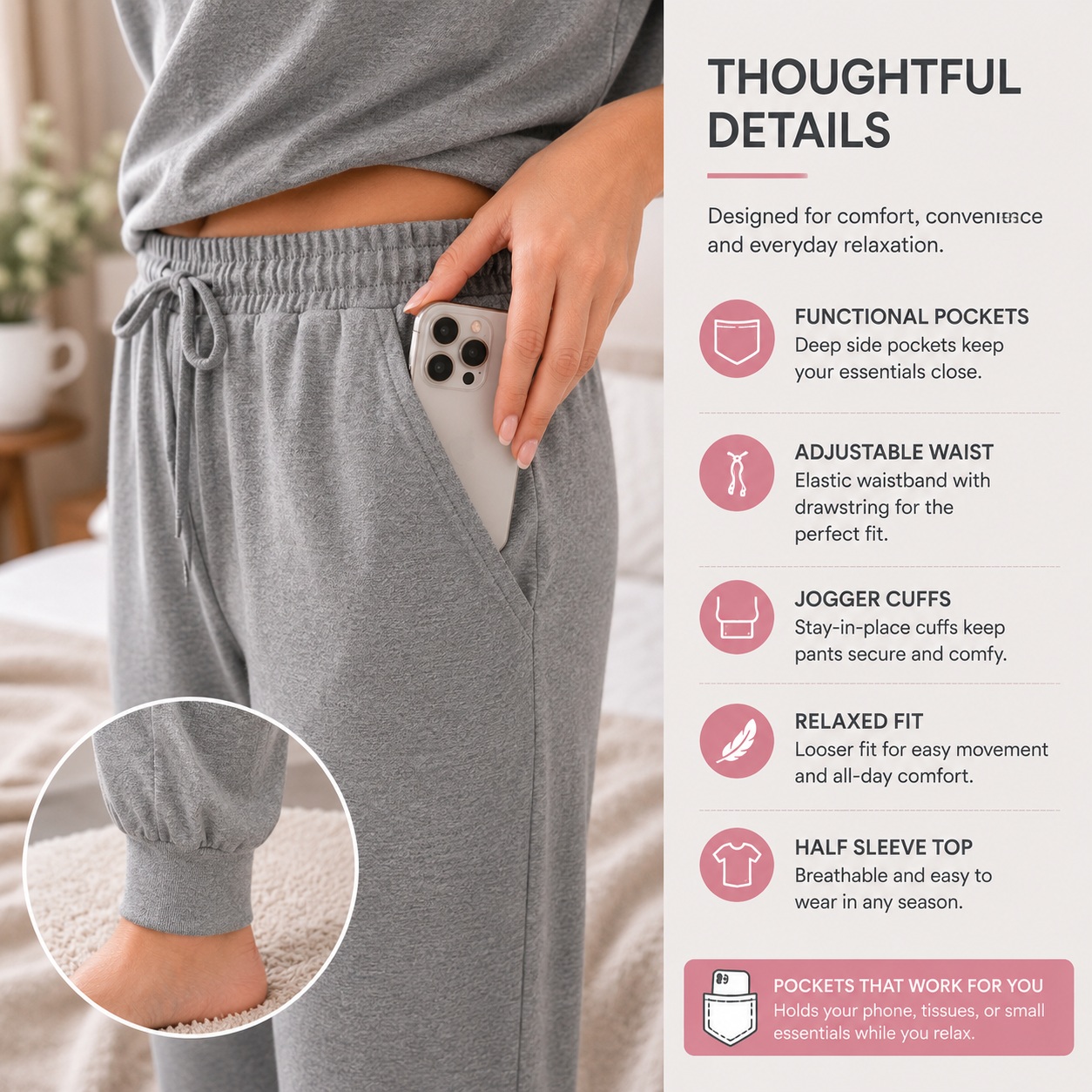 Womens Pajama Set 2 Piece Lounge Set Jogger Pants Pockets Soft Sleepwear Gray thumbnail