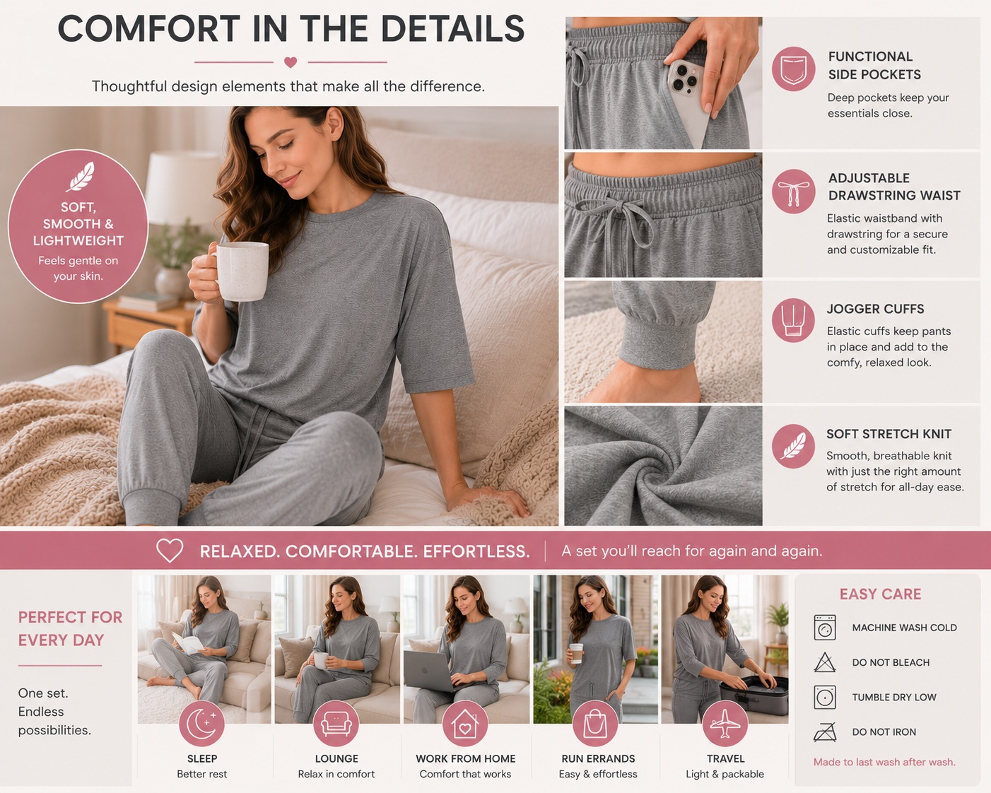 Womens Pajama Set 2 Piece Lounge Set Jogger Pants Pockets Soft Sleepwear Gray thumbnail