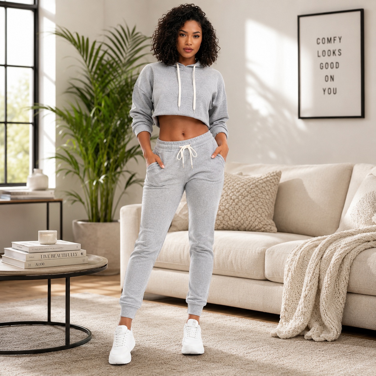 Generic Womens Crop Hoodie Jogger Set 2 Piece Matching Lounge Outfit Casual Gray thumbnail