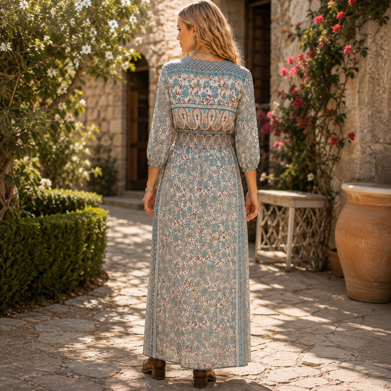 Boho Maxi Dress Womens Western V Neck Long Sleeve Paisley High Slit thumbnail