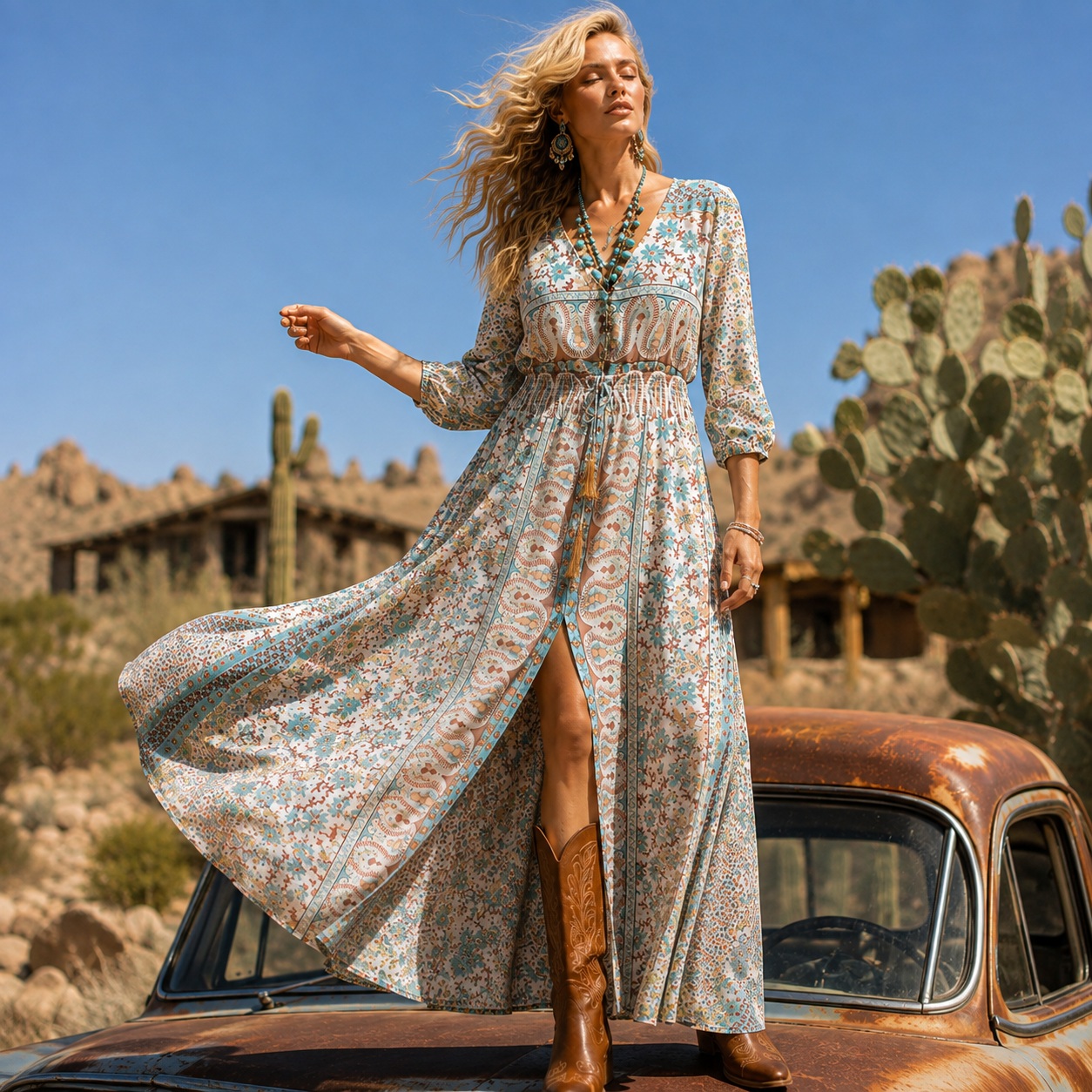 Boho Maxi Dress Womens Western V Neck Long Sleeve Paisley High Slit thumbnail