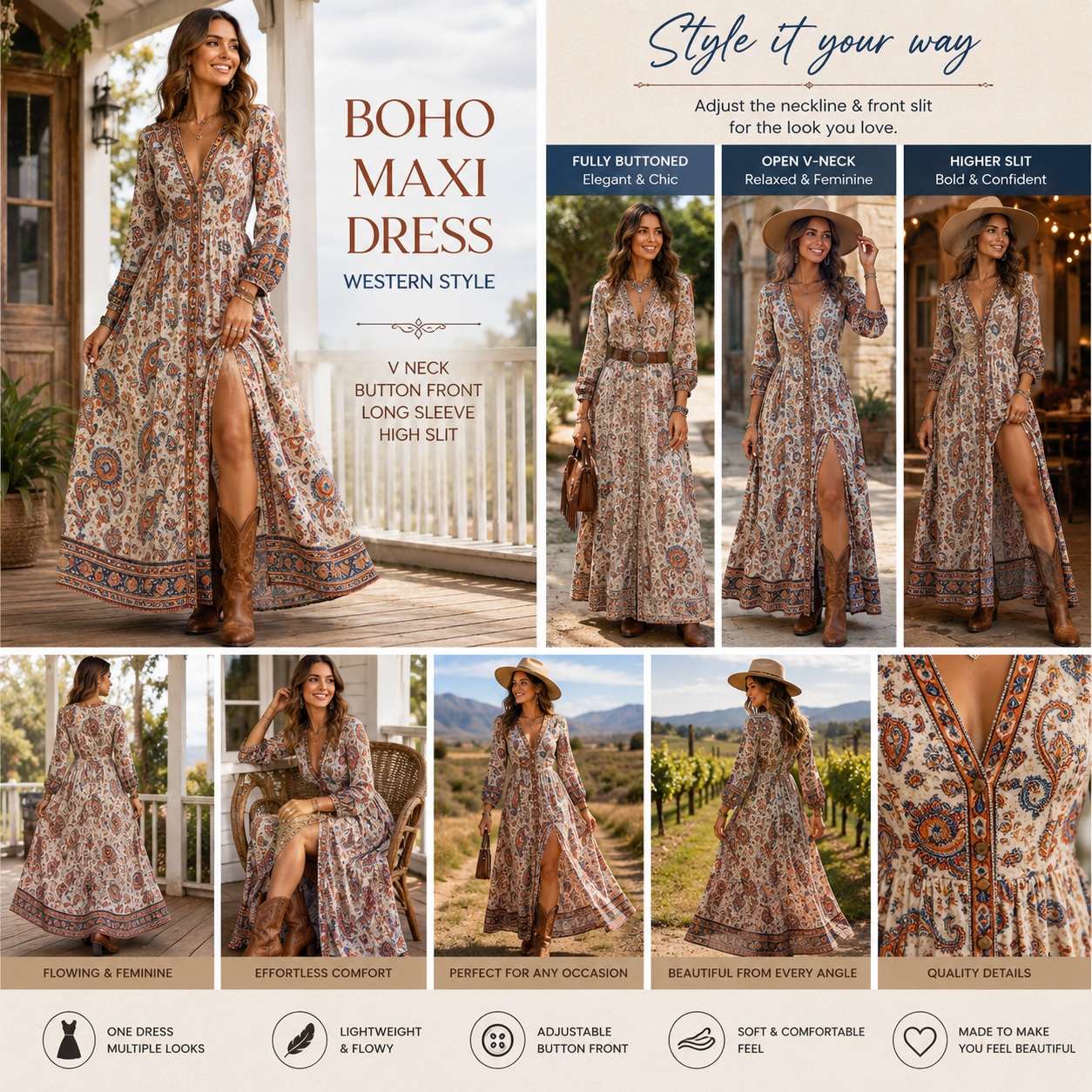 Boho Maxi Dress Womens Western V Neck Long Sleeve Paisley High Slit thumbnail
