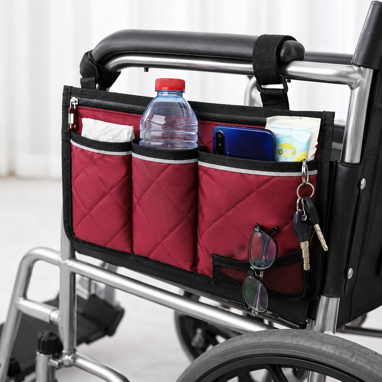Wheelchair Side Bag Armrest Storage Pouch Pocket Organizer Burgundy Saddlebag thumbnail
