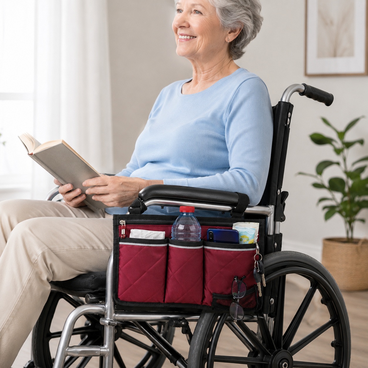 Wheelchair Side Bag Armrest Storage Pouch Pocket Organizer Burgundy Saddlebag thumbnail
