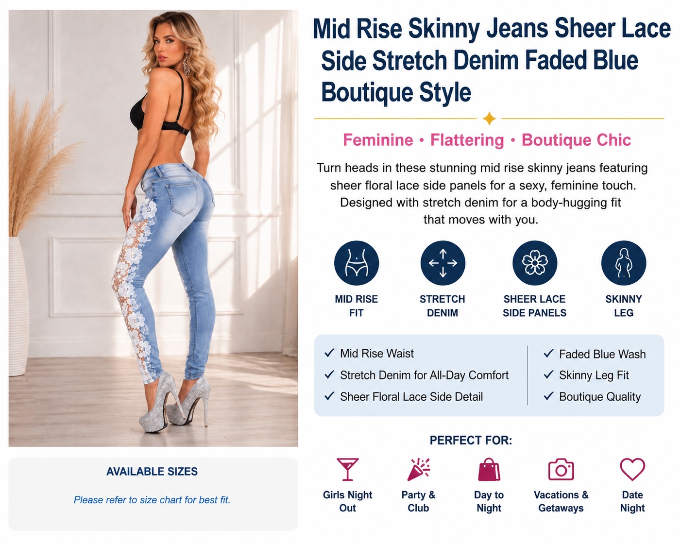 Skinny Jeans Mid Rise Stretch Sheer Lace Floral Date Night Out Party Feminine thumbnail