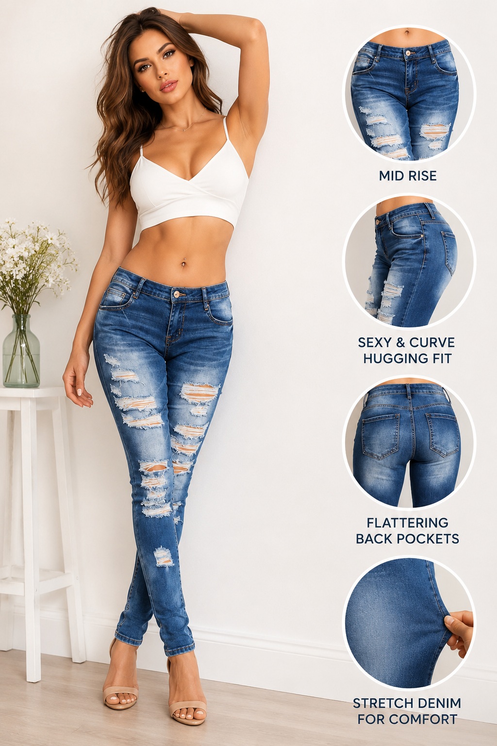 Generic Mid Rise Distressed Skinny Jeans Blue Jeans ripped stretch denim tight fitting jeans thumbnail