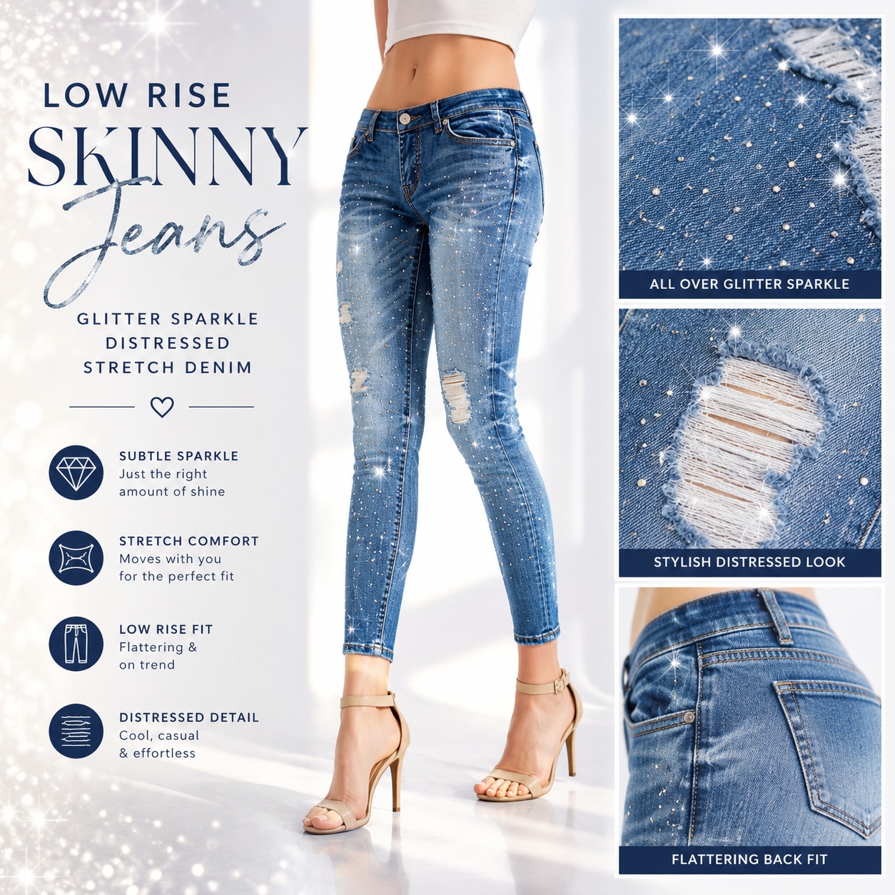 Generic Low Rise Skinny Jeans Glitter Sparkle Distressed Ripped Stretch Blue Denim Paint thumbnail