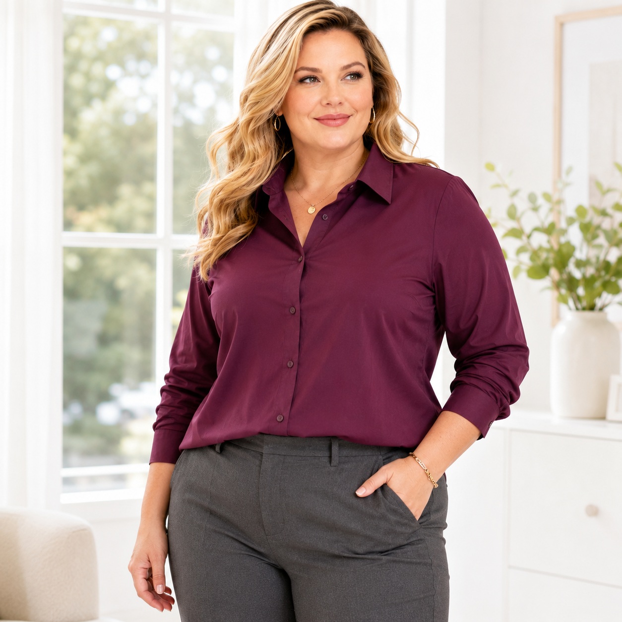 Plus Size Button Down Shirt Long Sleeve Office Work Blouse Eggplant thumbnail