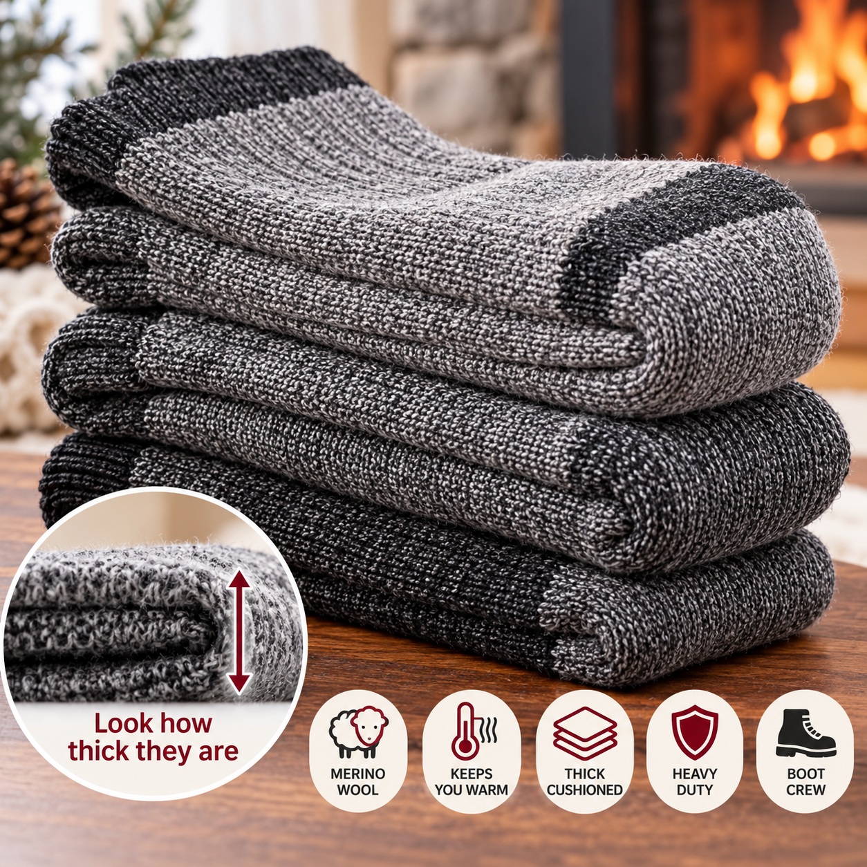 Winter Warm Socks Mens 3 Pairs Thick Merino Wool Heavy Duty Boot Crew Cushioned thumbnail