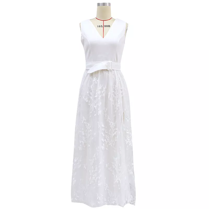 White Wedding Dress Floor Length Bridal Gown A-Line Deep V-Neck V-Back thumbnail