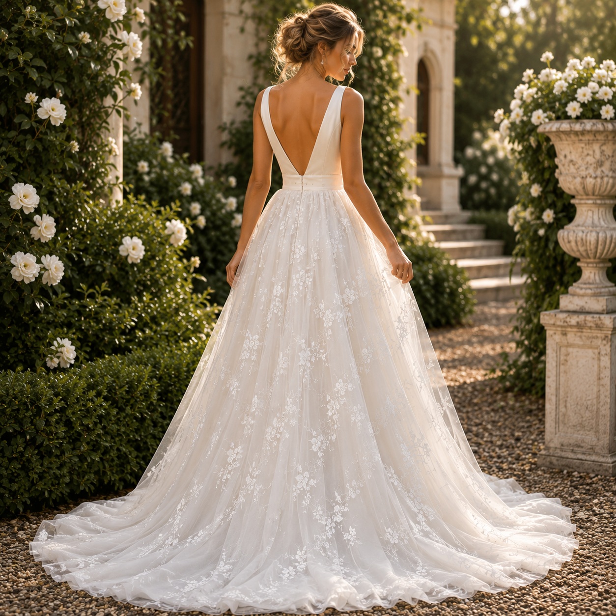 White Wedding Dress Floor Length Bridal Gown Deep V-Neck V-Back Satin Lace thumbnail