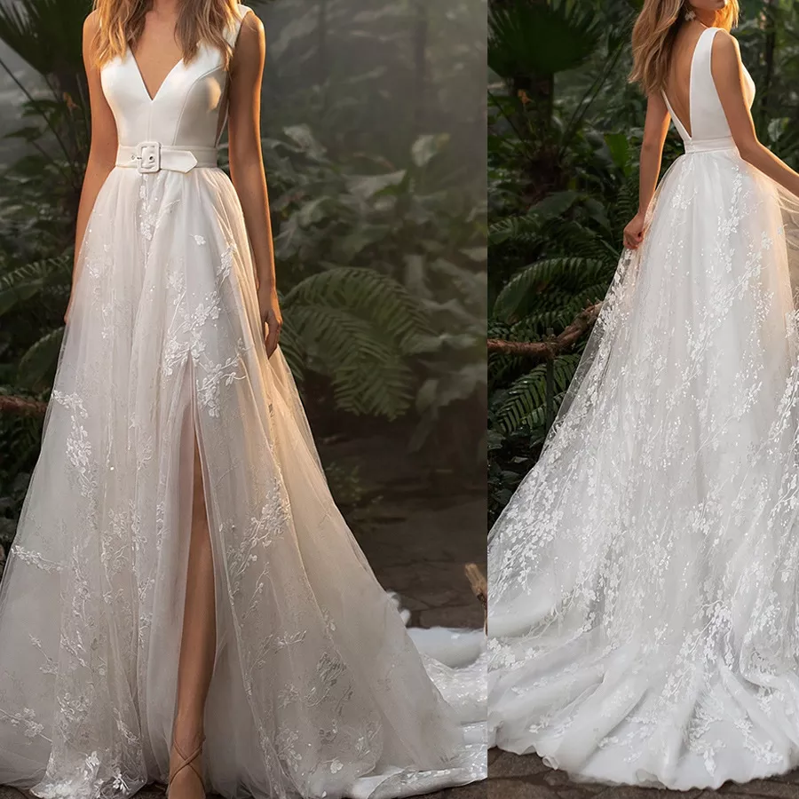White Wedding Dress Floor Length Bridal Gown A-Line Deep V-Neck V-Back thumbnail