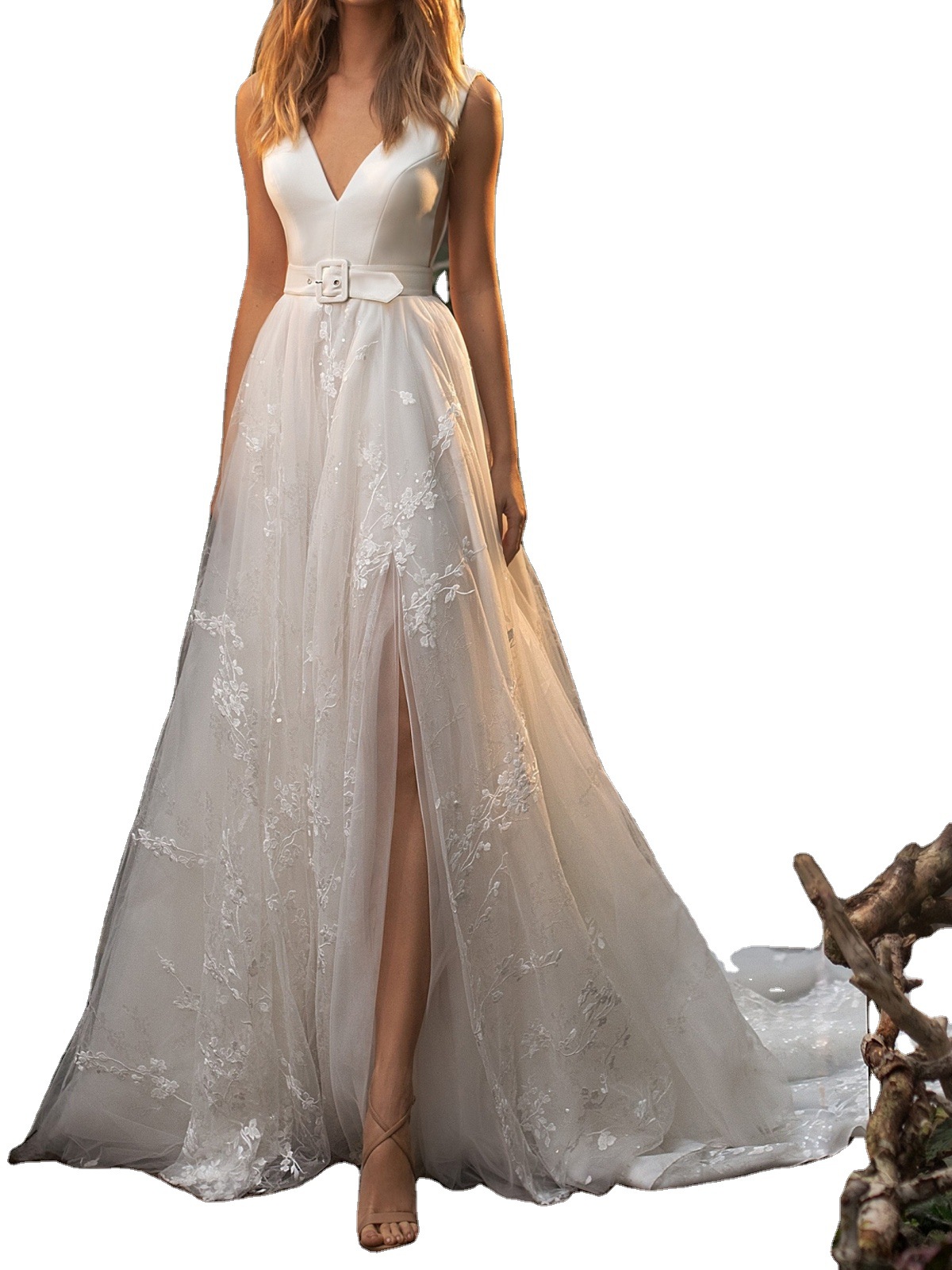 White Wedding Dress Floor Length Bridal Gown A-Line Deep V-Neck V-Back thumbnail