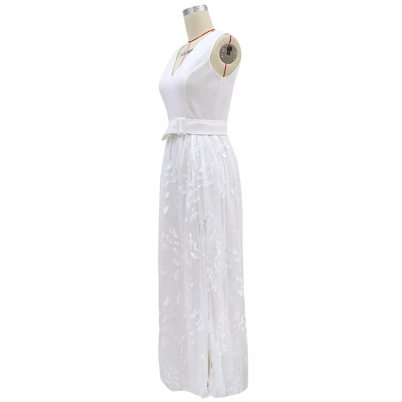 White Wedding Dress Floor Length Bridal Gown A-Line Deep V-Neck V-Back thumbnail