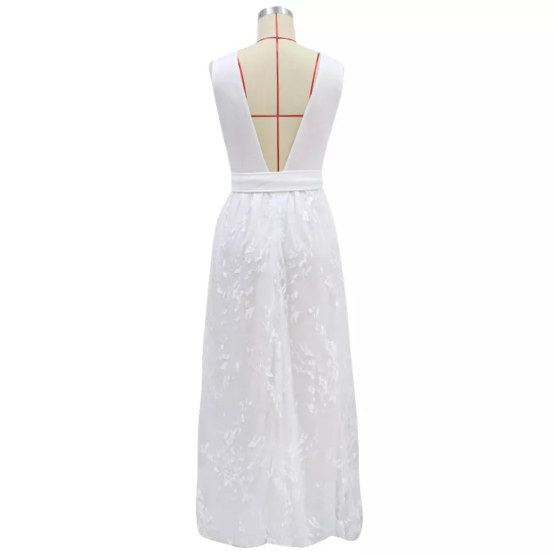White Wedding Dress Floor Length Bridal Gown A-Line Deep V-Neck V-Back thumbnail