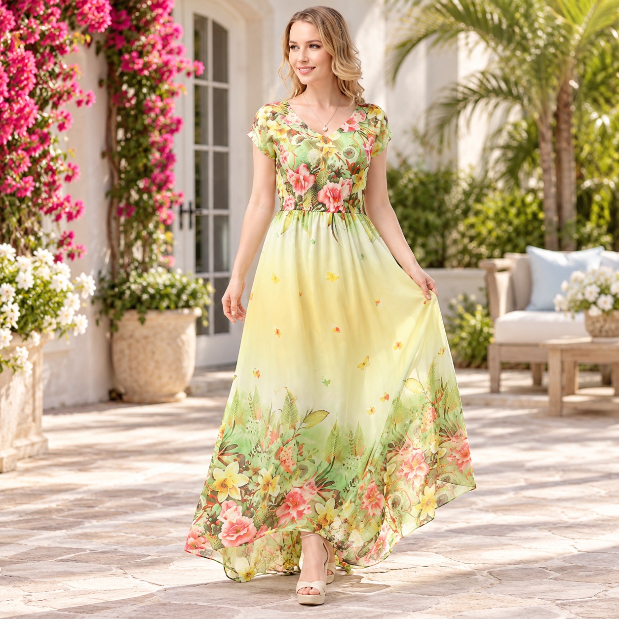 Garden Print Long Dress Soft Lemon Lime Chiffon Short Sleeve Lined Flowy Elegant thumbnail