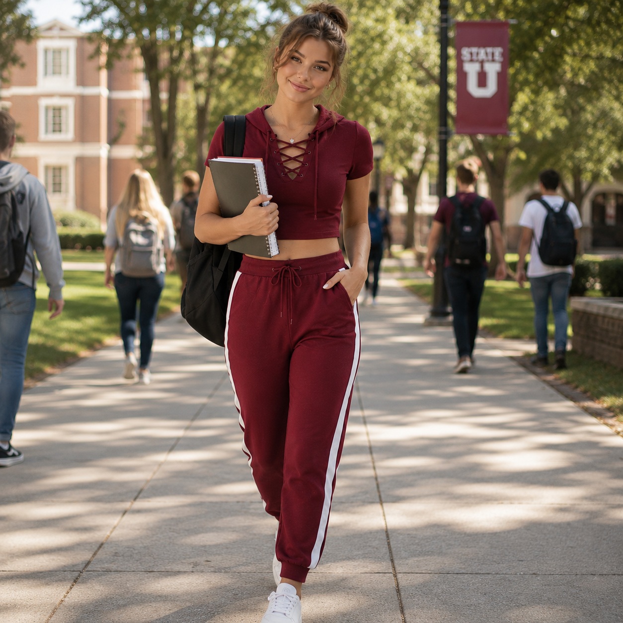 Generic Women 2 Piece Hoodie Jogger Set Crop Top Sweatsuit Lounge Outfit Burgundy thumbnail