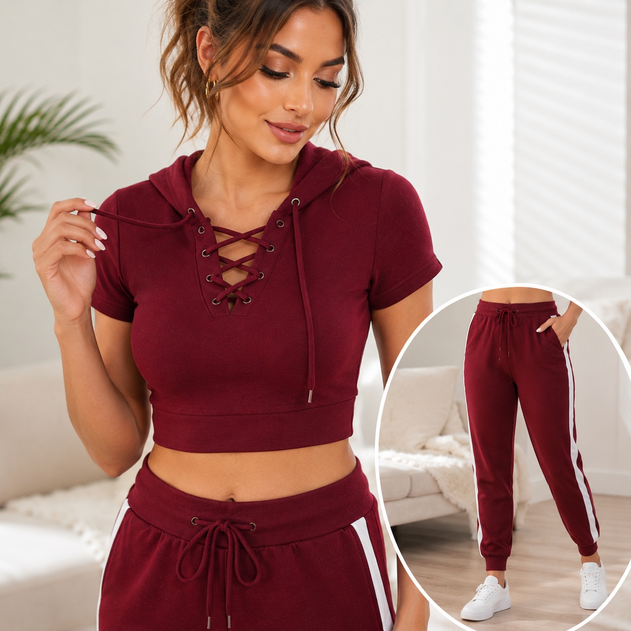 Generic Women 2 Piece Hoodie Jogger Set Crop Top Sweatsuit Lounge Outfit Burgundy thumbnail