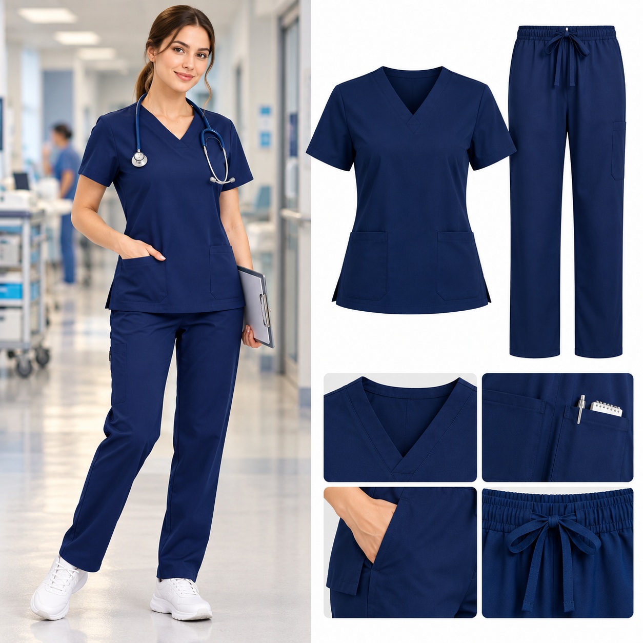 Womens Scrubs Set V Neck Top Pants Nursing Uniform 2PC Blue Pockets Size Small thumbnail