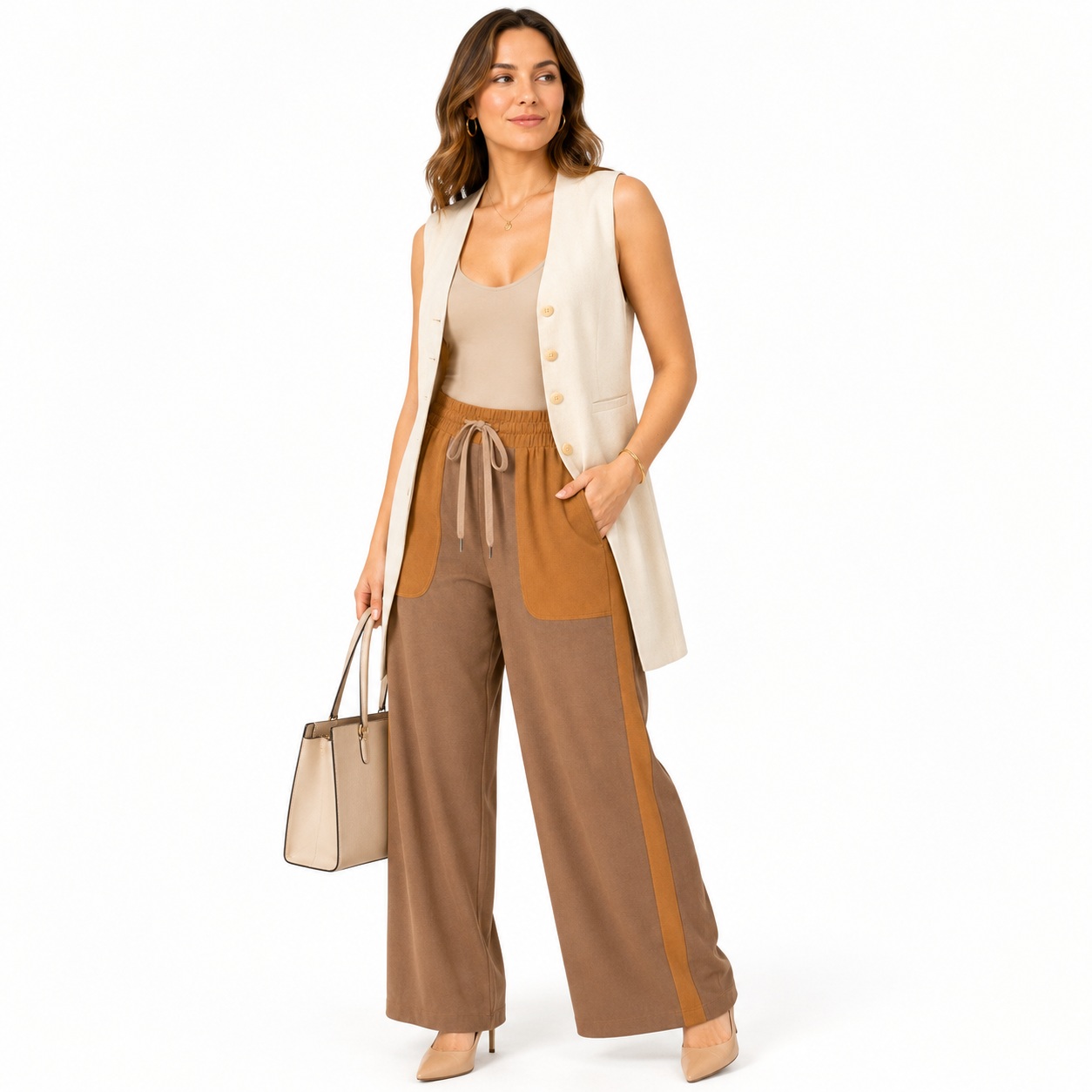 Generic Color Block Palazzo Pants Wide Leg Business Casual Pull On Pockets Soft Stretch thumbnail