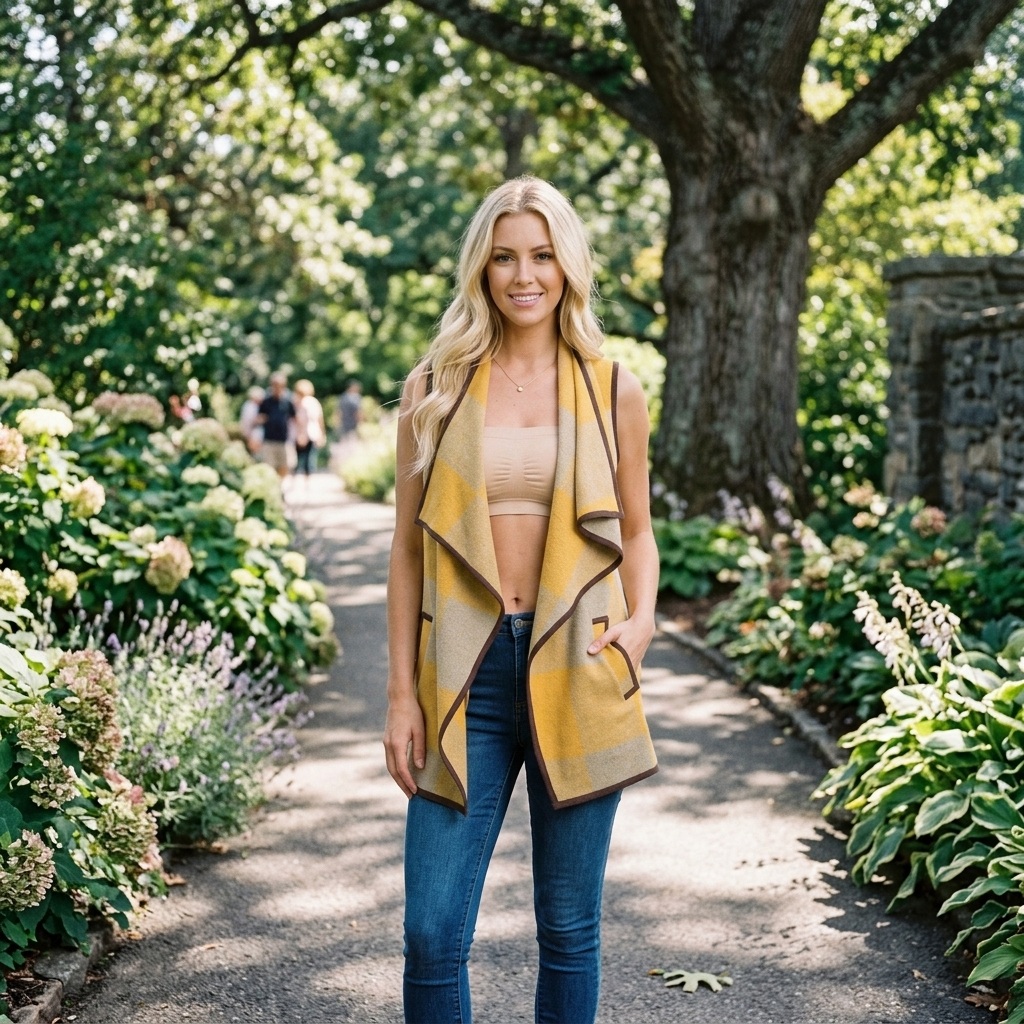 Waterfall Cardigan Sleeveless Plaid Longline Open Front Draped Pockets Mustard Tan thumbnail