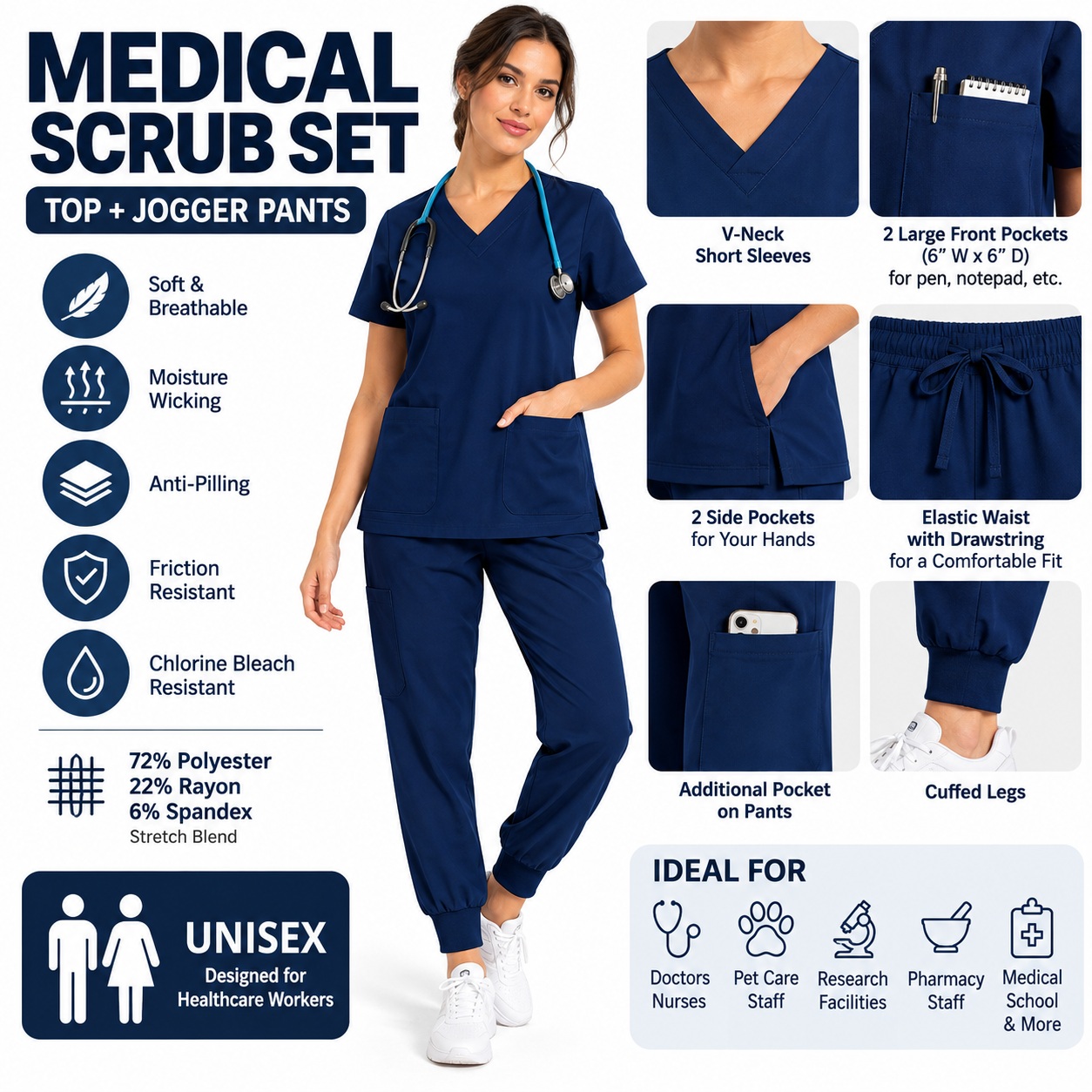 Medical Nursing Scrub Set Stretch Jogger V Neck Soft Breathable Pockets Navy thumbnail