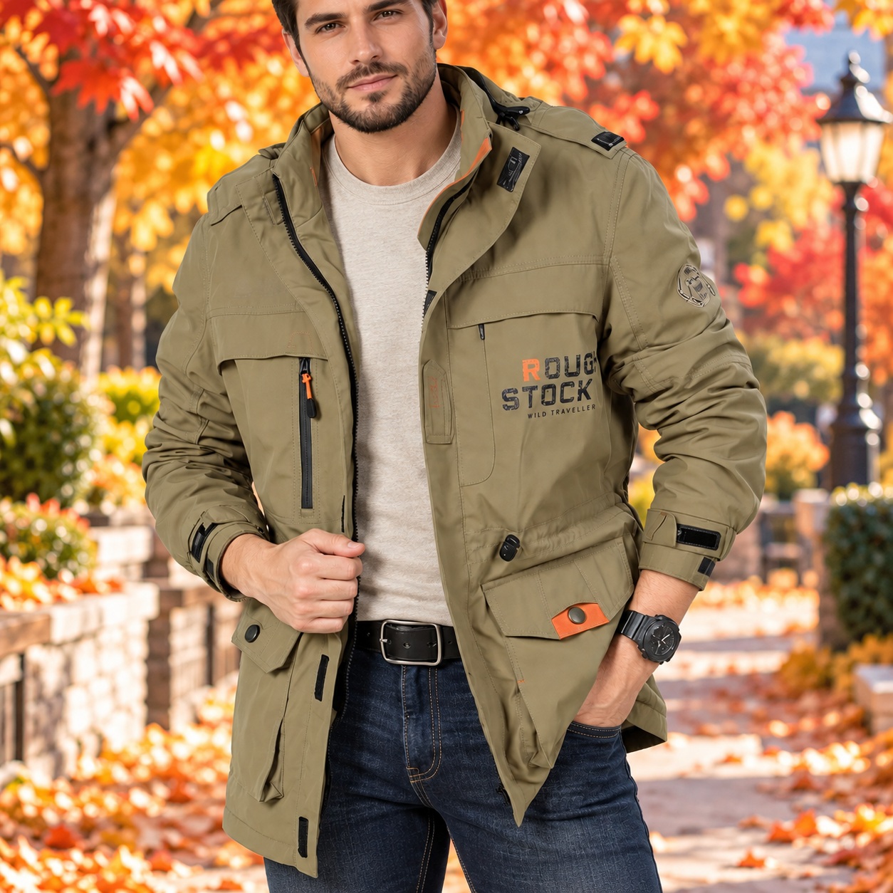 Field Jacket Khaki Coded Mens Lightweight Mid Length Multi Pocket Casual Coat thumbnail