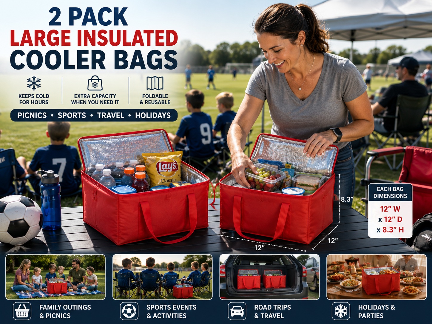 Insulated Cooler Bags 2 Pack Large Reusable Tote Picnic Sports Travel Holidays thumbnail