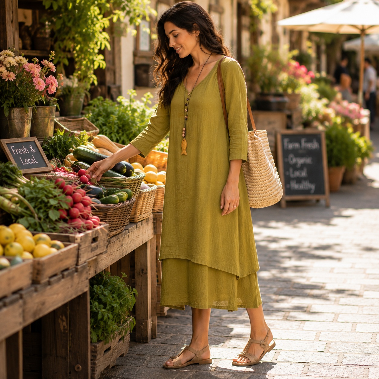Boho Layered Midi Dress Loose Fit Lightweight Pockets Casual Travel Olive thumbnail