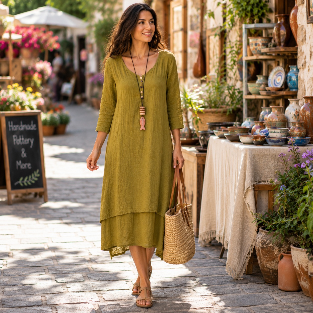 Boho Layered Midi Dress Loose Fit Lightweight Pockets Casual Travel Olive thumbnail