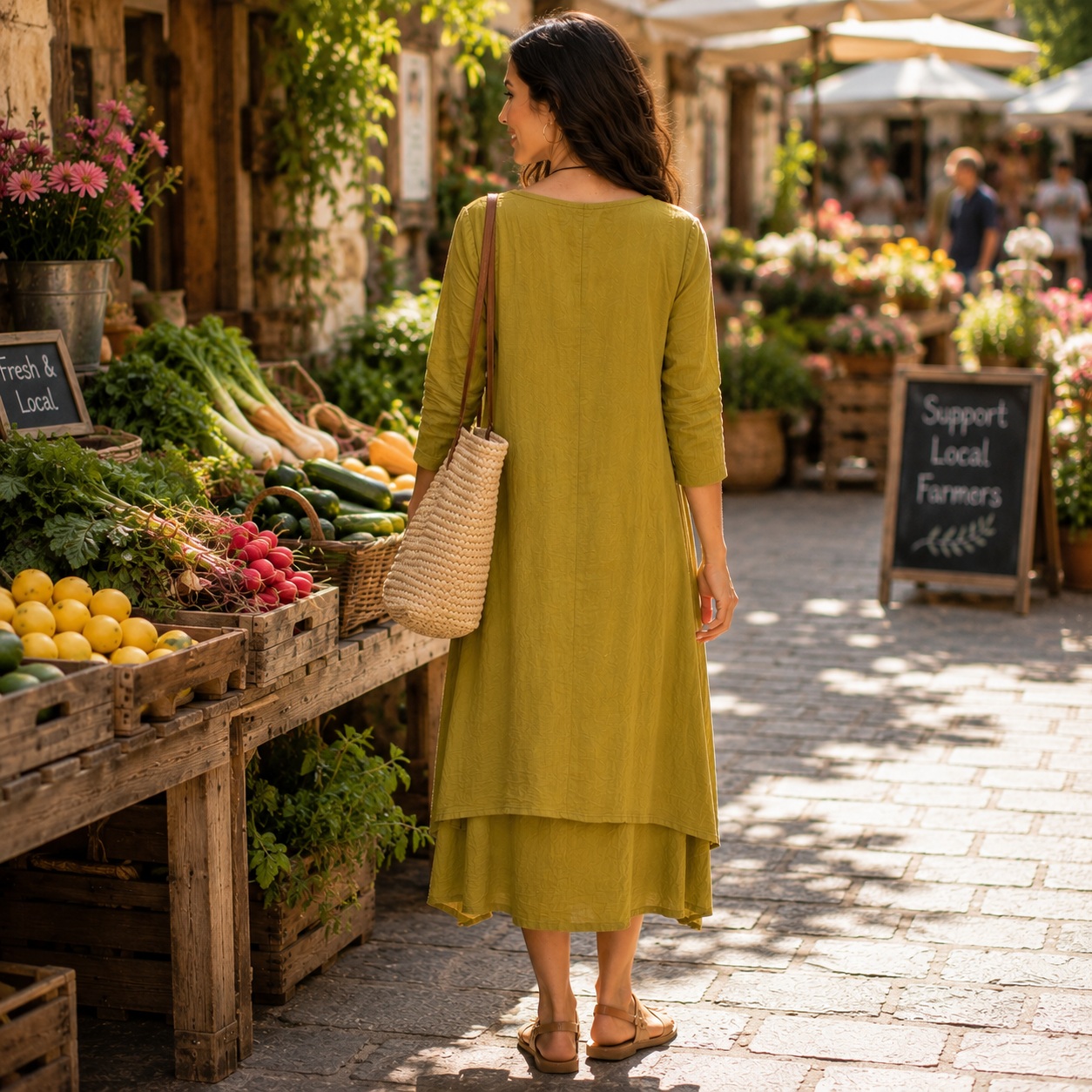 Boho Layered Midi Dress Loose Fit Lightweight Pockets Casual Travel Olive thumbnail