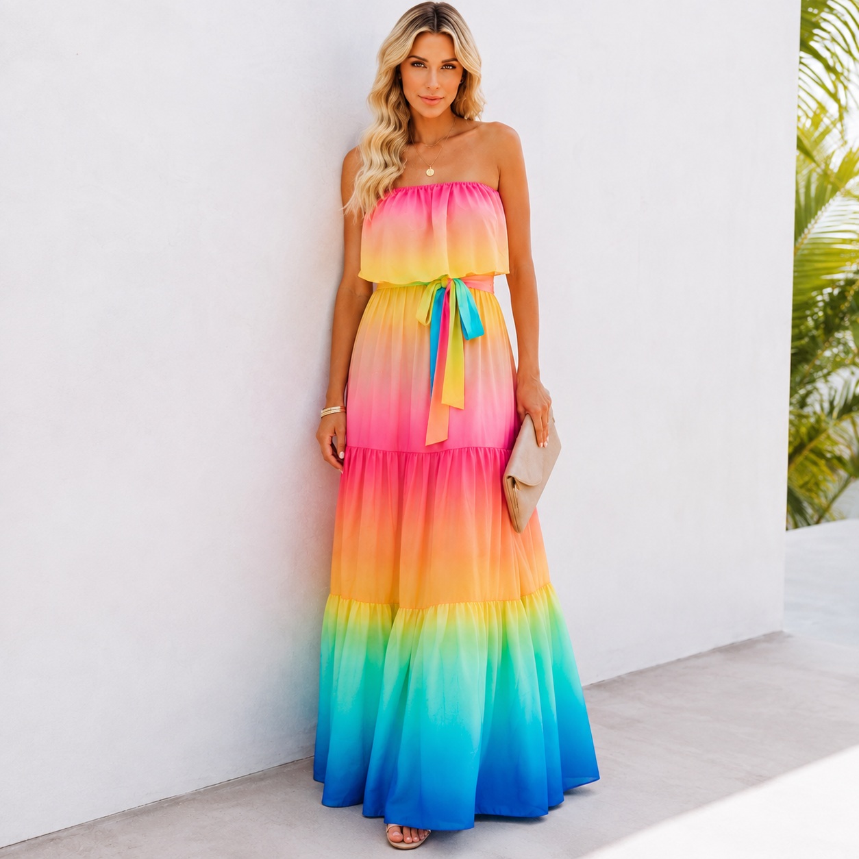 Rainbow Maxi Dress Off Shoulder Strapless Ribbon Belt Tiered Boho thumbnail