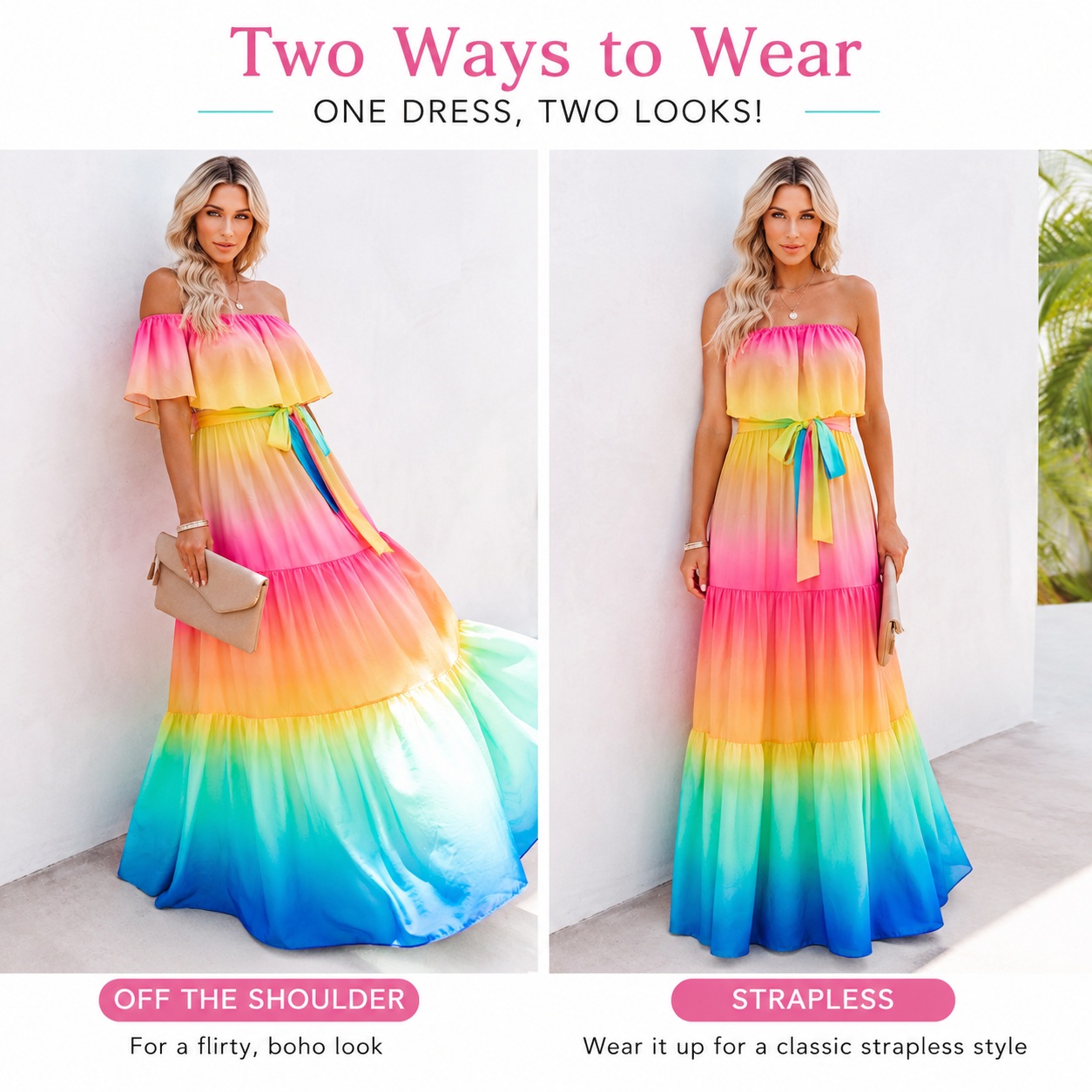 Rainbow Maxi Dress Off Shoulder Strapless Ribbon Belt Tiered Boho thumbnail
