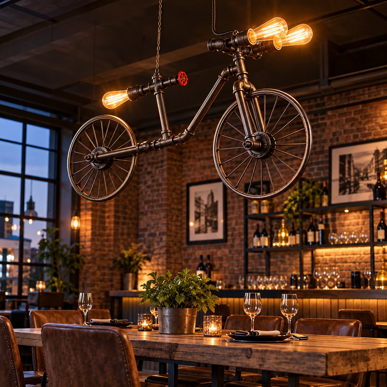 Industrial Ceiling Light Bicycle Chandelier Vintage Pipe Edison Restaurant Decor thumbnail