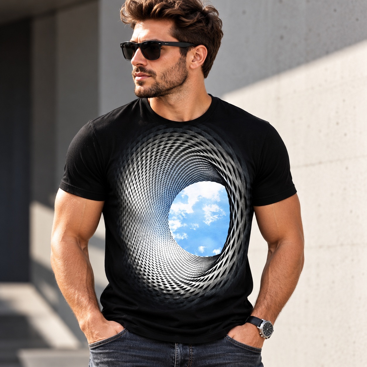 Mens 3D Optical Illusion Tunnel Graphic T-Shirt Short Sleeve Crew Neck Tee thumbnail