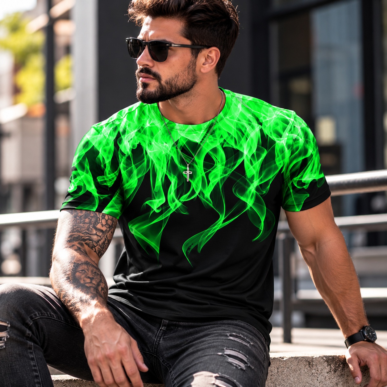 3D Flame T Shirt Mens Green Graphic Print Crew Neck Short Sleeve Streetwear thumbnail