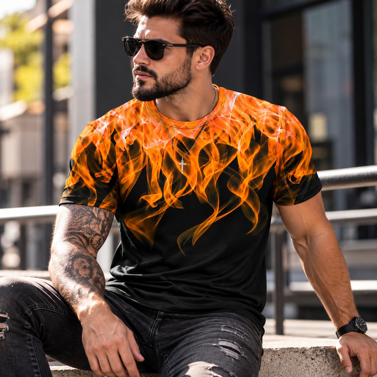 3D Flame T Shirt Mens Orange Graphic Print Crew Neck Short Sleeve Streetwear thumbnail