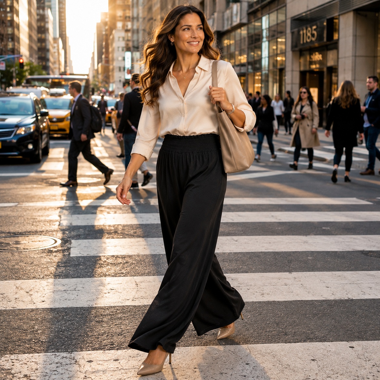 Womens Black Palazzo Pants Wide Leg Flowy High Waist Smocked Pull On Dressy thumbnail