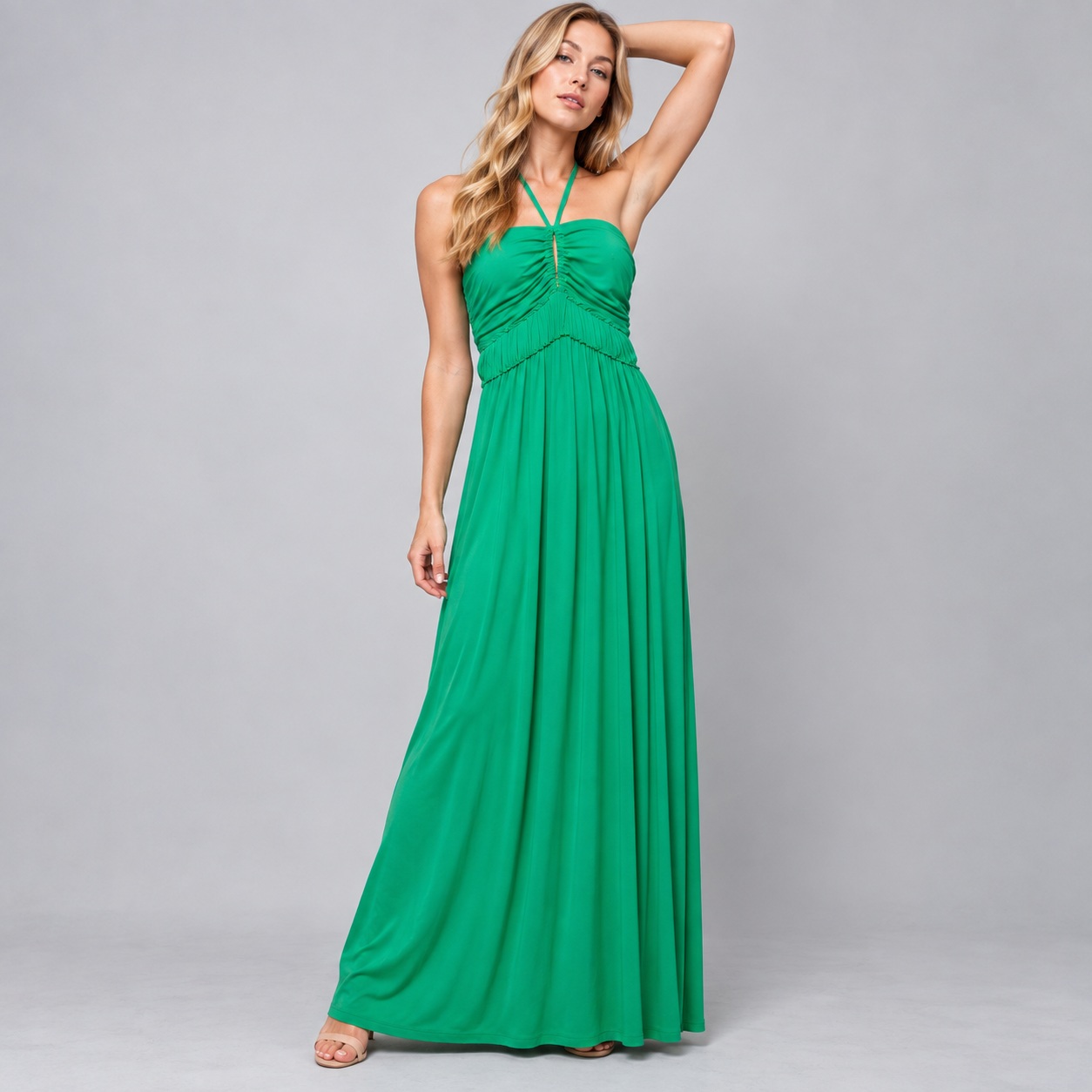 Social Event Dress Day to Evening Maxi Flattering Halter Pleated Backless Flowy thumbnail