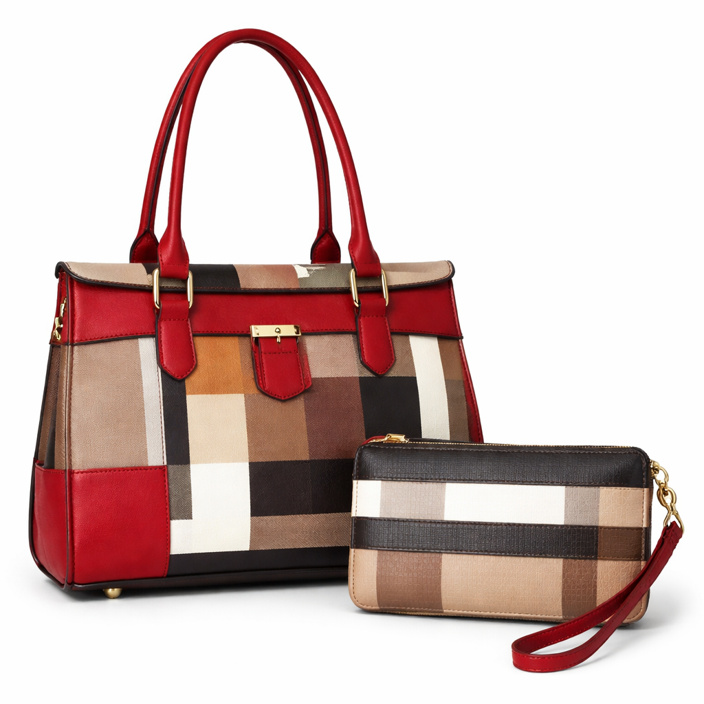 Red Plaid Checkered Handbag 2 Piece Purse Set Womens Satchel Matching Wallet thumbnail
