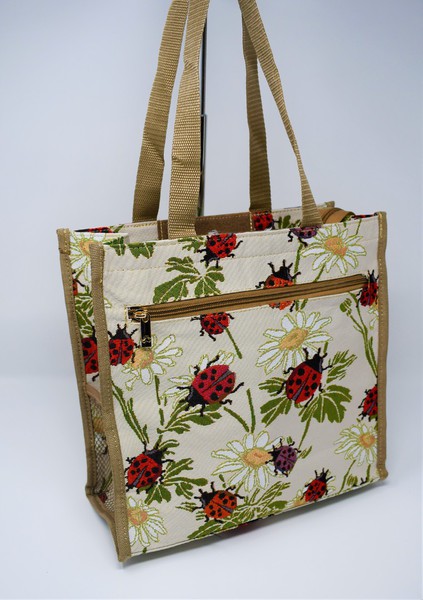 Tapestry Shopper Bag - Ladybug and Flower Pattern - Beige Color – Tote Bag